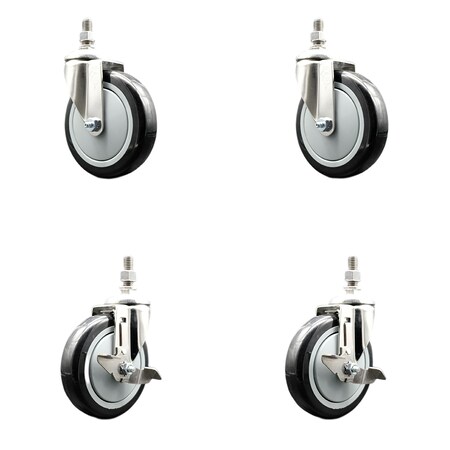 Service Caster 5 Inch 316SS Black Polyurethane Swivel 12mm Threaded Stem Caster Brake, 2PK SS316TS20S514-PPUB-BLK-M1215-2-TLB-2